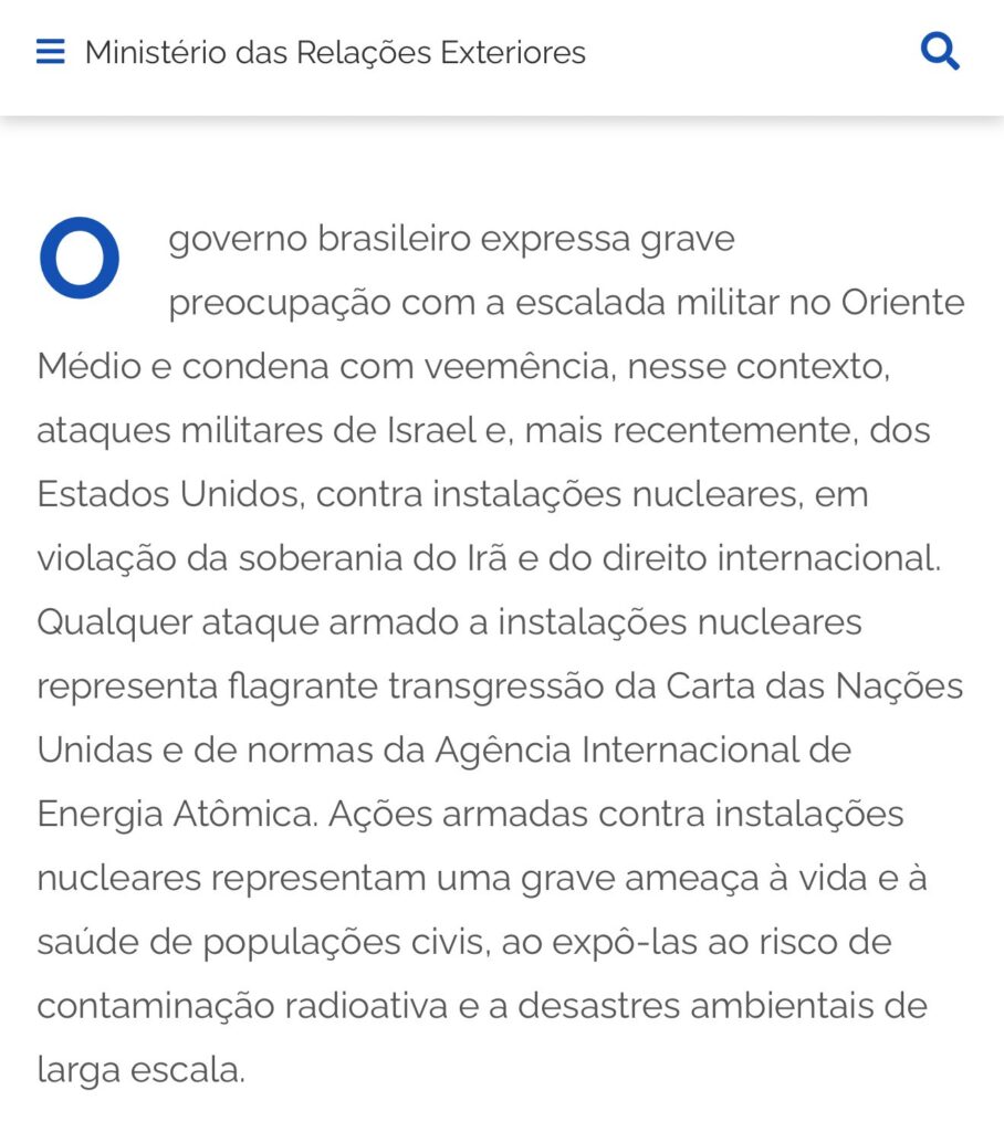 Nota do Governo Brasileiro condenando ataques Americanos no Oriente Médio